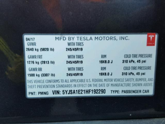 5YJSA1E21HF192290 - 2017 TESLA MODEL S GRAY photo 10