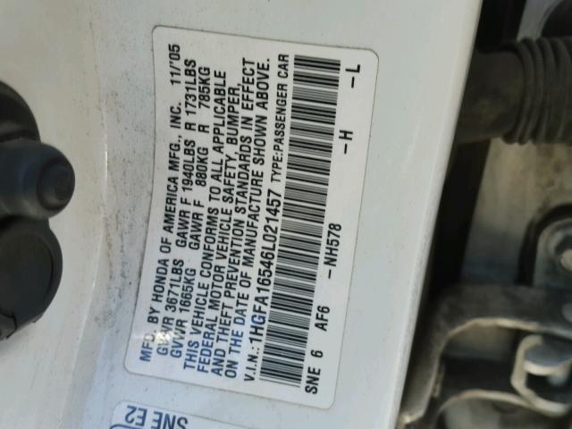 1HGFA16546L021457 - 2006 HONDA CIVIC LX WHITE photo 10