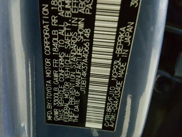 JTDBT4K37A4066148 - 2010 TOYOTA YARIS BLUE photo 10