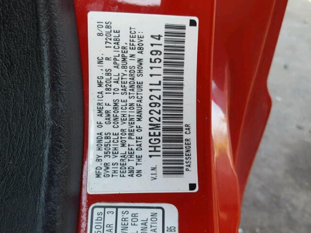 1HGEM22921L115914 - 2001 HONDA CIVIC SI RED photo 10