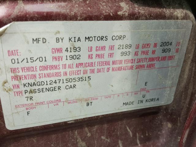 KNAGD124715053515 - 2001 KIA OPTIMA MAG MAROON photo 10