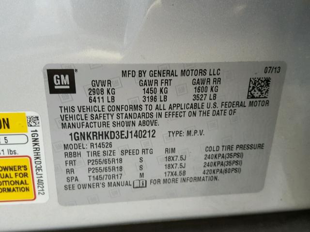 1GNKRHKD3EJ140212 - 2014 CHEVROLET TRAVERSE L SILVER photo 10