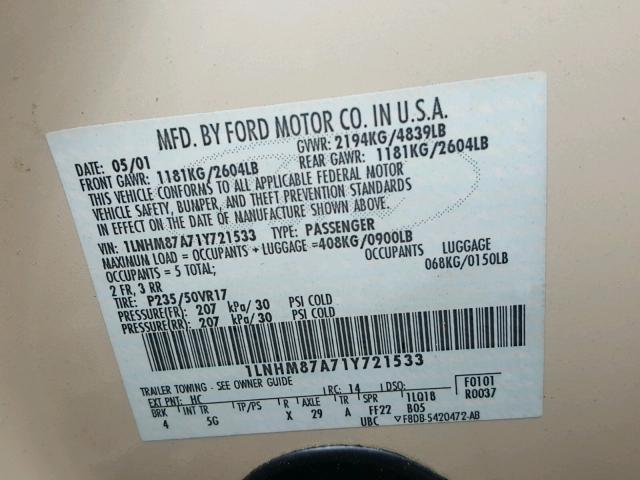 1LNHM87A71Y721533 - 2001 LINCOLN LS 奶油色 照片 10