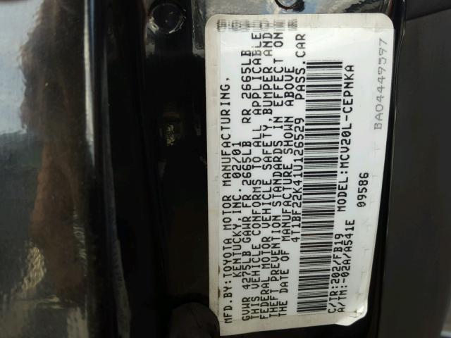 4T1BF22K41U126529 - 2001 TOYOTA CAMRY LE შავი ფოტო 10