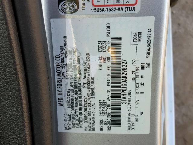 3FAHP0JG0AR298227 - 2010 FORD FUSION SEL SILVER photo 10