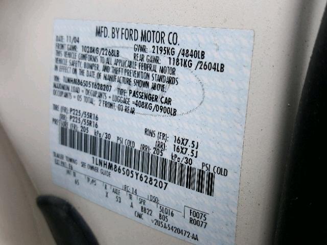 1LNHM86S05Y628207 - 2005 LINCOLN LS WHITE photo 10