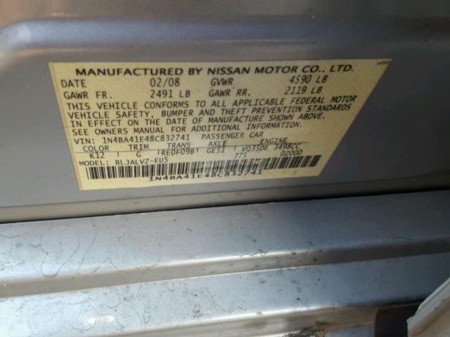 1N4BA41E48C832741 - 2008 NISSAN MAXIMA SE SILVER photo 10