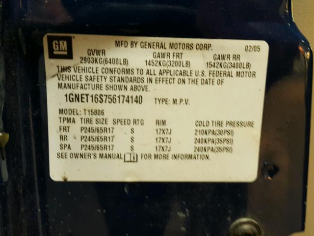 1GNET16S756174140 - 2005 CHEVROLET TRAILBLAZE BLUE photo 10