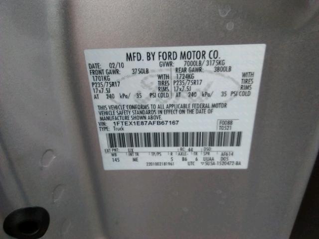 1FTEX1E87AFB67167 - 2010 FORD F150 SUPER SILVER photo 10