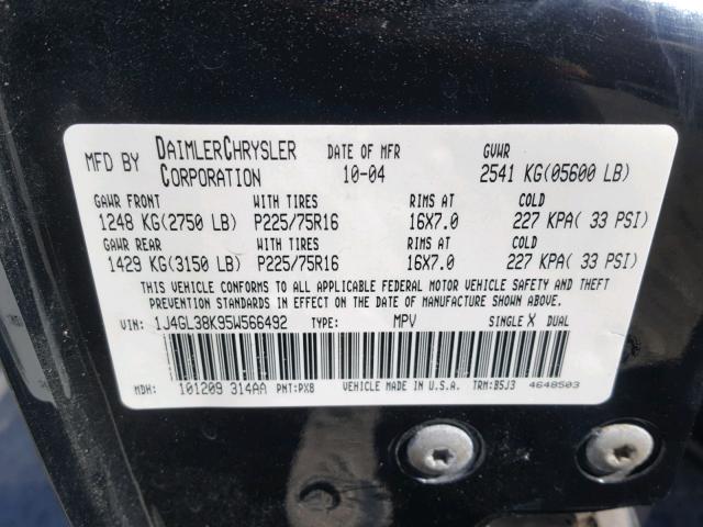 1J4GL38K95W566492 - 2005 JEEP LIBERTY RE BLACK photo 10