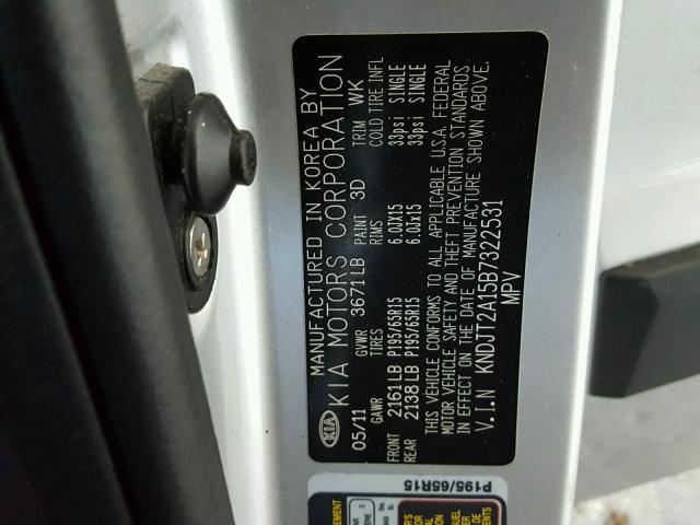 KNDJT2A15B7322531 - 2011 KIA SOUL SILVER photo 10