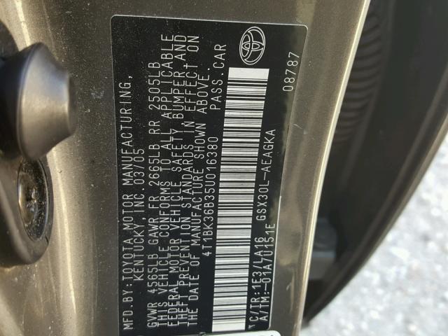 4T1BK36B35U016380 - 2005 TOYOTA AVALON XL GRAY photo 10