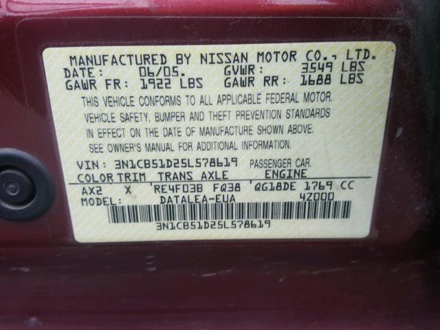 3N1CB51D25L578619 - 2005 NISSAN SENTRA 1.8 RED photo 10