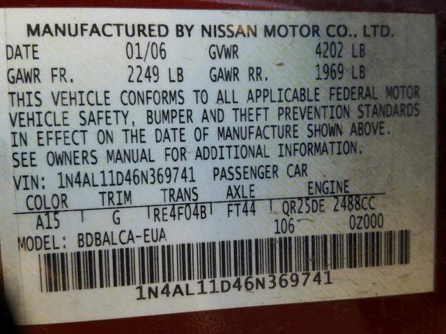 1N4AL11D46N369741 - 2006 NISSAN ALTIMA S RED photo 10