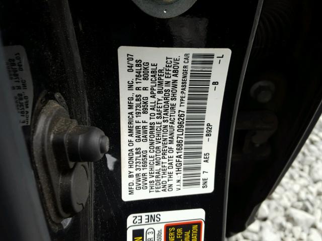 1HGFA16867L096267 - 2007 HONDA CIVIC EX BLACK photo 10