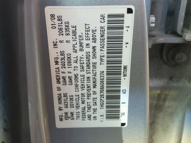 1HGCP26768A066374 - 2008 HONDA ACCORD EX SILVER photo 10