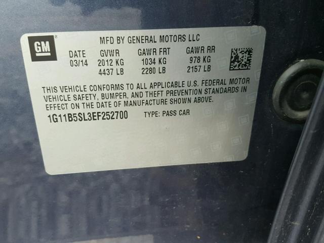 1G11B5SL3EF252700 - 2014 CHEVROLET MALIBU LS ლურჯი ფოტო 10