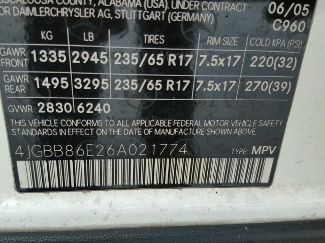 4JGBB86E26A021774 - 2006 MERCEDES-BENZ ML 350 WHITE photo 10