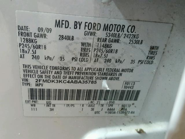 2FMDK3KC4ABA35785 - 2010 FORD EDGE LIMIT WHITE photo 10