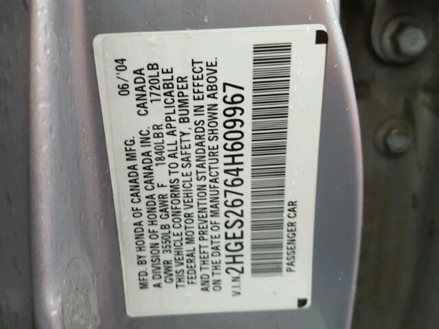 2HGES26764H609967 - 2004 HONDA CIVIC EX SILVER photo 10