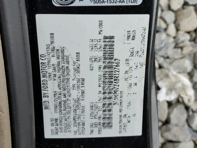 3FAHP07Z48R127662 - 2008 FORD FUSION SE BLACK photo 10