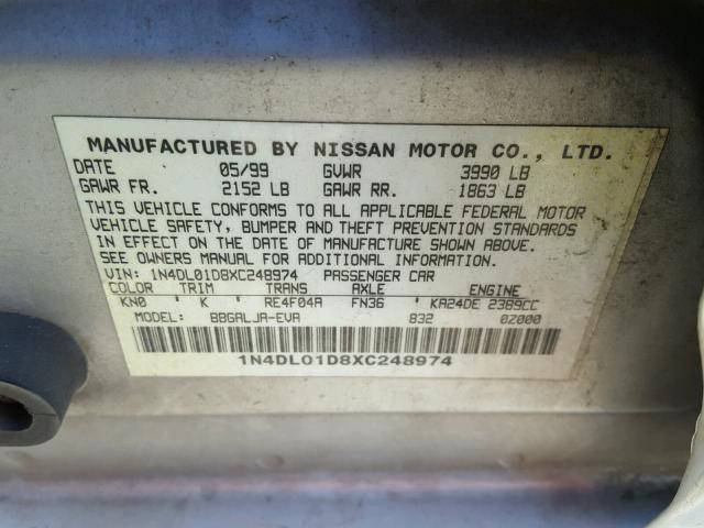 1N4DL01D8XC248974 - 1999 NISSAN ALTIMA XE SILVER photo 10