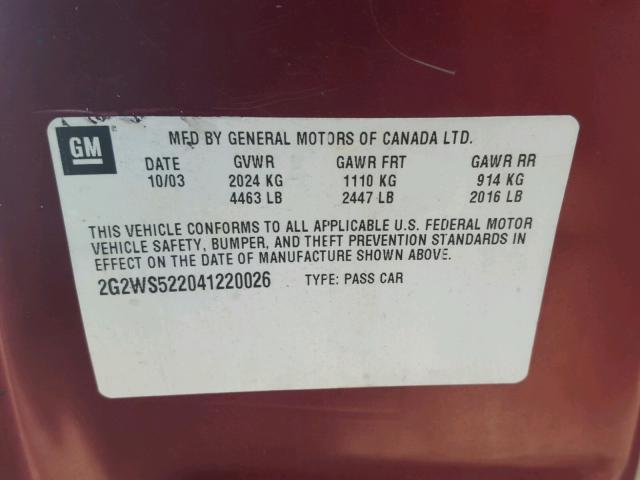 2G2WS522041220026 - 2004 PONTIAC GRAND PRIX BURGUNDY photo 10