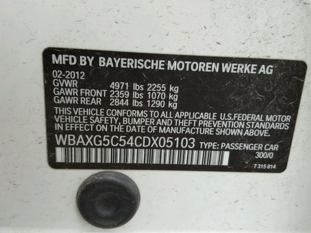 WBAXG5C54CDX05103 - 2012 BMW 528 I WHITE photo 10