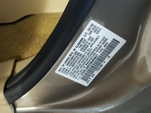 5FNRL386X9B405631 - 2009 HONDA ODYSSEY EX GOLD photo 10