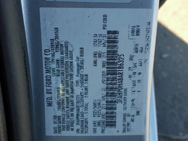 3FAHP0HA8AR186325 - 2010 FORD FUSION S SILVER photo 10