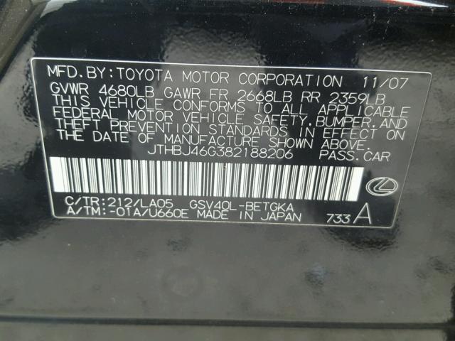 JTHBJ46G382188206 - 2008 LEXUS ES 350 BLACK photo 10