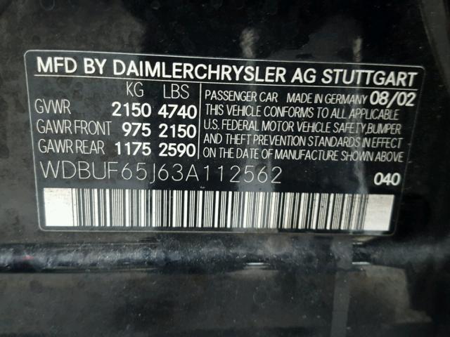 WDBUF65J63A112562 - 2003 MERCEDES-BENZ E 320 BLACK photo 10