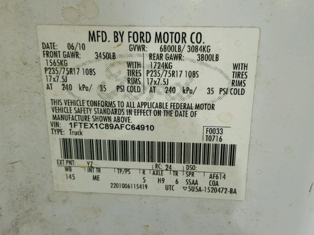 1FTEX1C89AFC64910 - 2010 FORD F150 SUPER WHITE photo 10