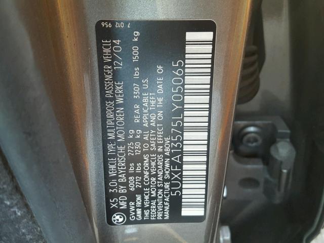 5UXFA13575LY05065 - 2005 BMW X5 3.0I GRAY photo 10