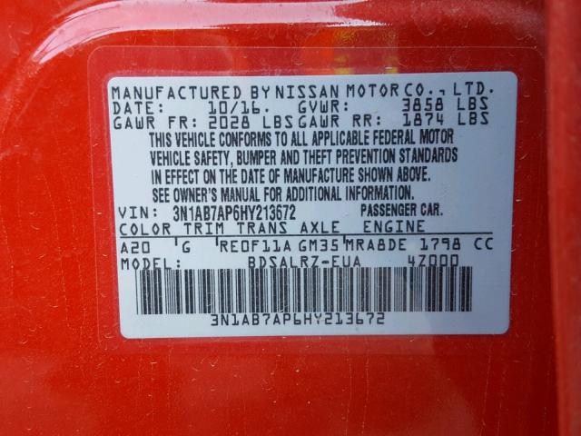 3N1AB7AP6HY213672 - 2017 NISSAN SENTRA S RED photo 10