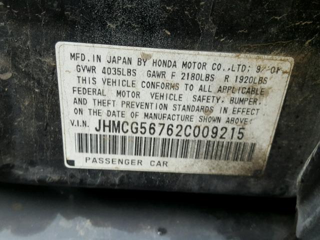 JHMCG56762C009215 - 2002 HONDA ACCORD SE BLACK photo 10