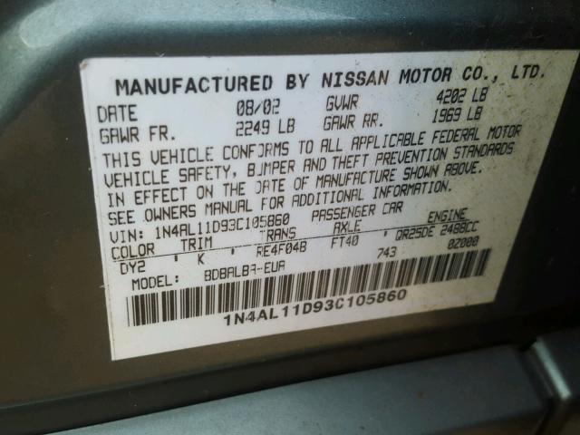 1N4AL11D93C105860 - 2003 NISSAN ALTIMA BAS TEAL photo 10