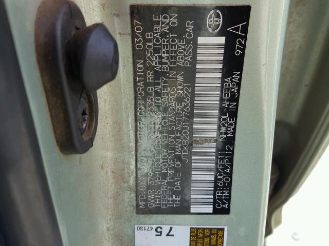 JTDKB20U177636221 - 2007 TOYOTA PRIUS GREEN photo 10