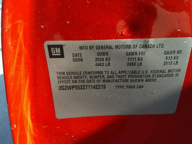 2G2WP552271142219 - 2007 PONTIAC GRAND PRIX RED photo 10