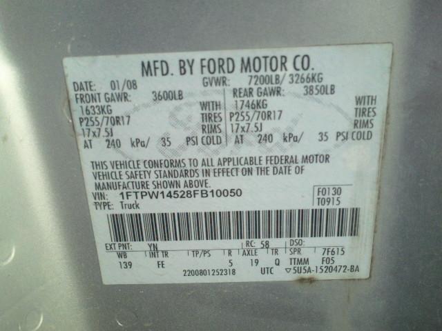 1FTPW14528FB10050 - 2008 FORD F150 SUPER SILVER photo 10