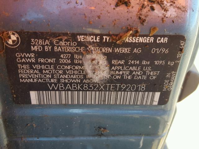 WBABK832XTET92018 - 1996 BMW 328I TEAL photo 10