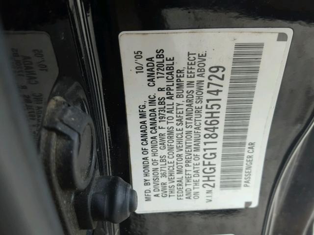 2HGFG11846H514729 - 2006 HONDA CIVIC EX BLACK photo 10