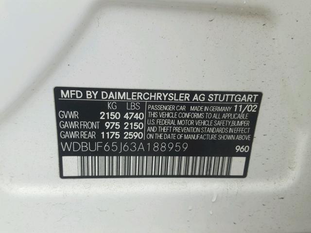 WDBUF65J63A188959 - 2003 MERCEDES-BENZ E 320 WHITE photo 10