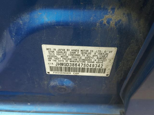 JHMGD38647S049342 - 2007 HONDA FIT S BLUE photo 10