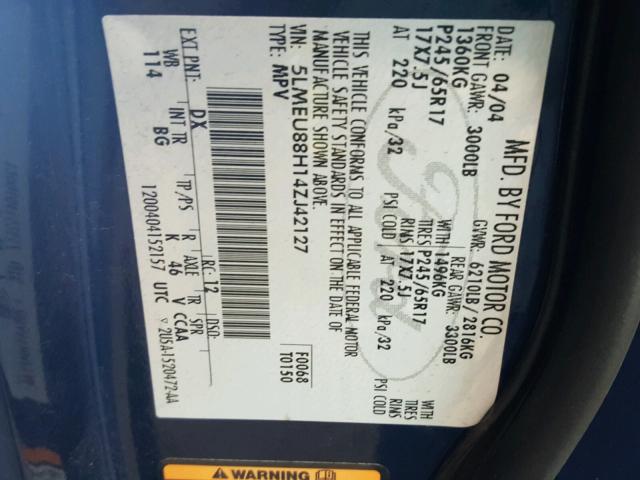 5LMEU88H14ZJ42127 - 2004 LINCOLN AVIATOR 红色 照片 10