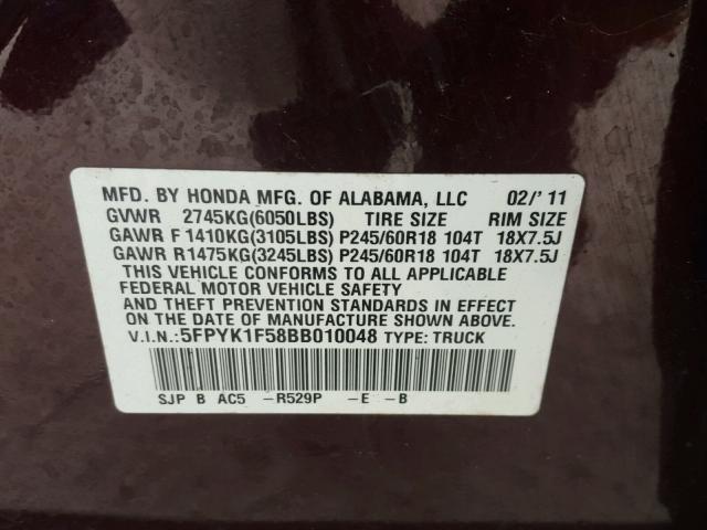 5FPYK1F58BB010048 - 2011 HONDA RIDGELINE MAROON photo 10