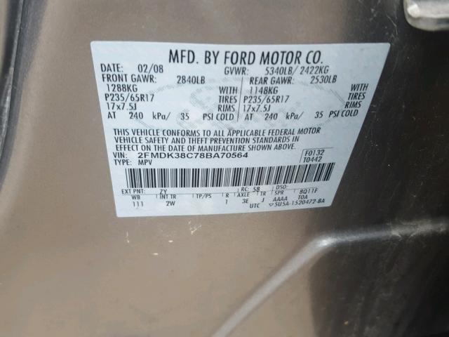 2FMDK38C78BA70564 - 2008 FORD EDGE SEL GRAY photo 10