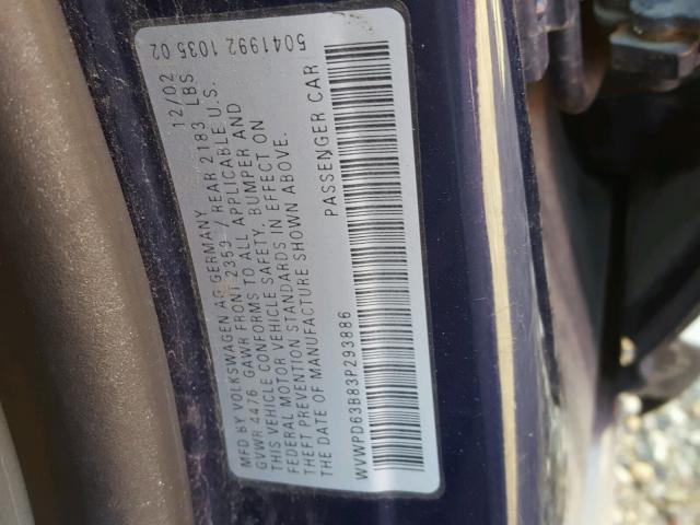 WVWPD63B83P293886 - 2003 VOLKSWAGEN PASSAT GLS BLUE photo 10