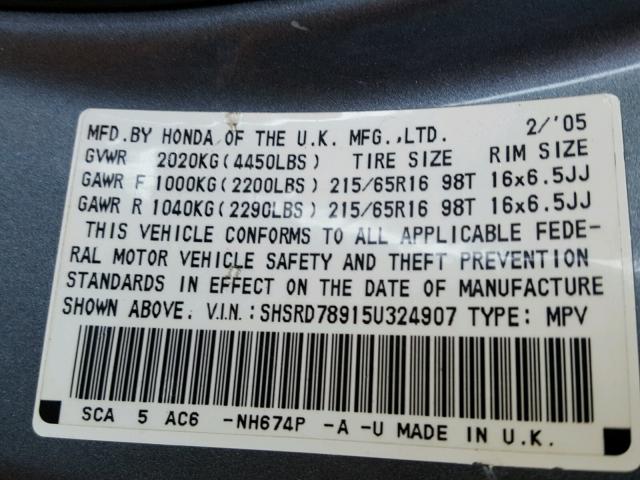 SHSRD78915U324907 - 2005 HONDA CR-V SE BLUE photo 10