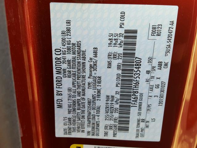 1FA6P8TH6F5354807 - 2015 FORD MUSTANG RED photo 10